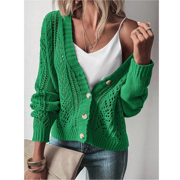 V-Cut Buttoned Green Light Cardigan Textured, Long Sleeve - Picture 2 of 8